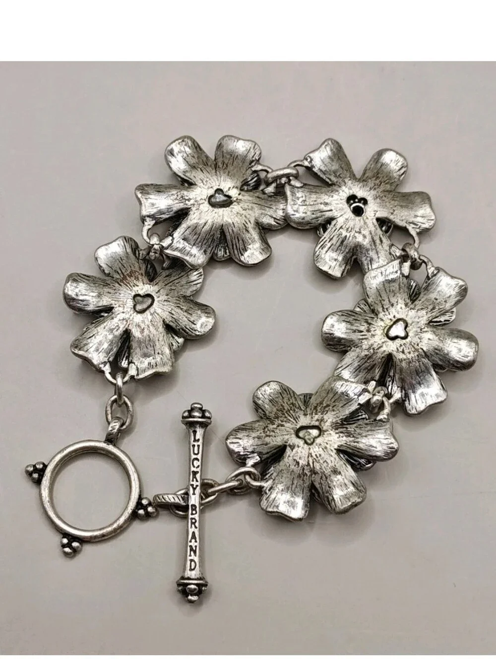 Lucky Brand Daisy Sunflower Links Toggle Bracelet Antiqued Silver Tone 3D Flower